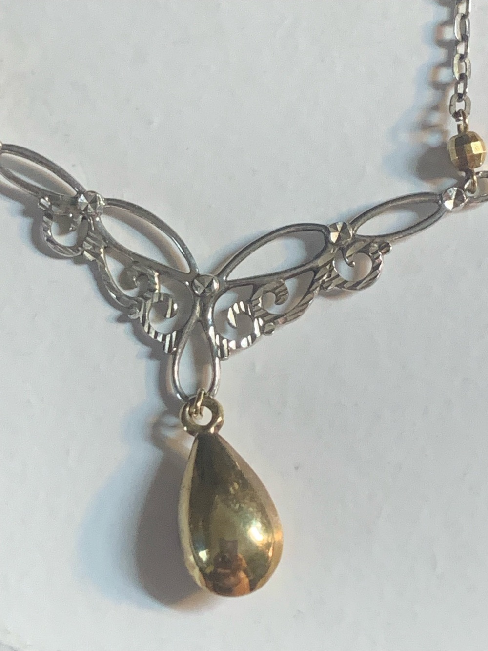 Two-Tone Filigree Teardrop Necklace — 10kt Gold & 925 Silver